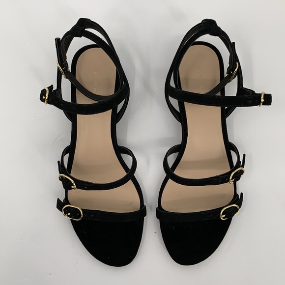 Stuart Weitzman Grecian buckle wedge strappy sandal shoe black suede 38.5 8 - Picture 4 of 6